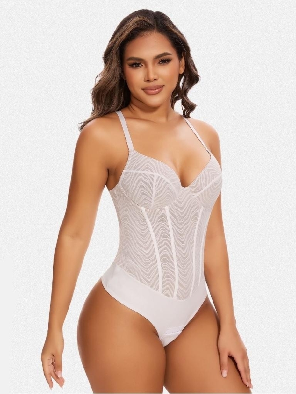 Zebra Shape Wear Backless Bodysuit White Lace Bodysuit with Supportive Cups